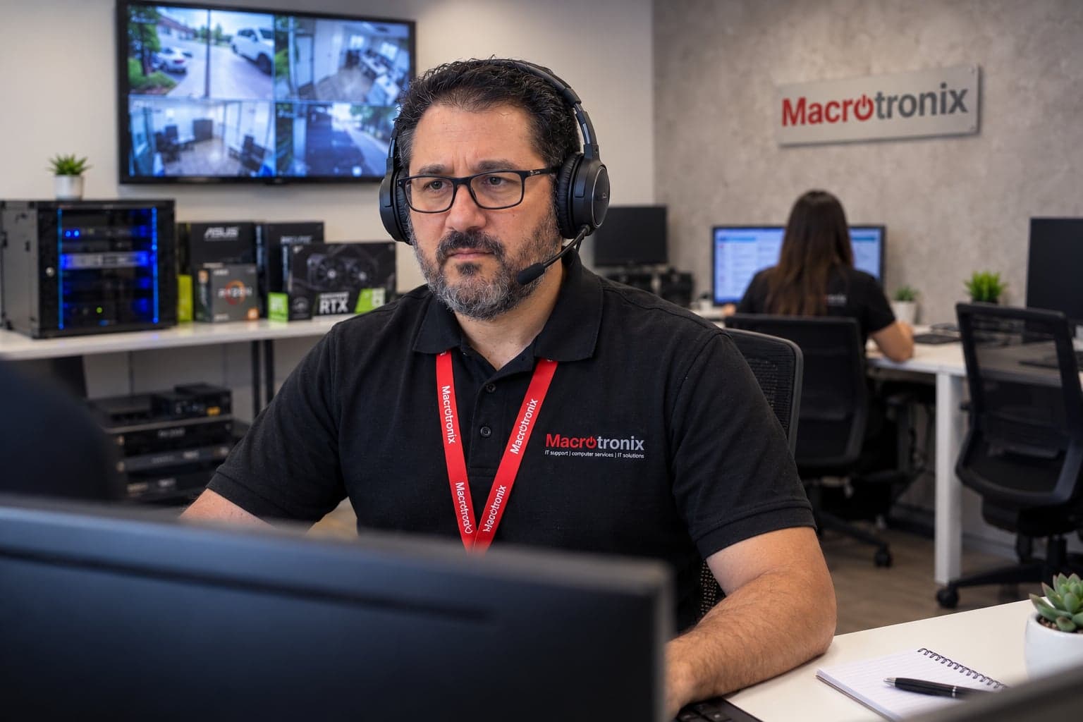 Macrotronix technician on a support call with a headset