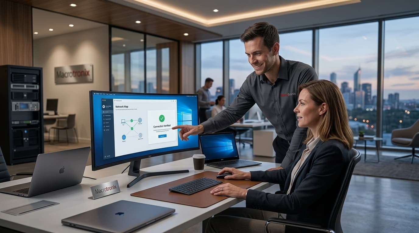 Macrotronix technician helping a client at their desk