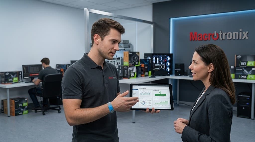 Macrotronix technician reviewing network diagnostics with a client